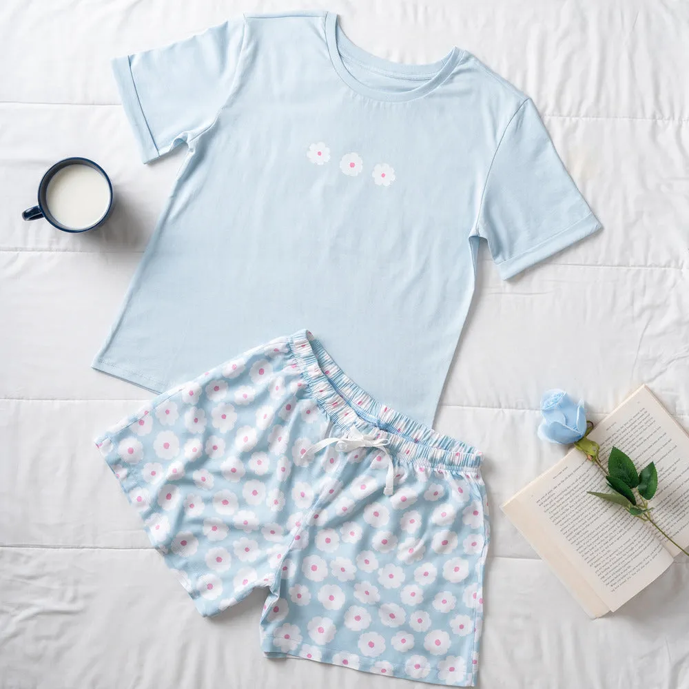 Women summer pajama set Light blue Tee   Baby blue Floral shorts