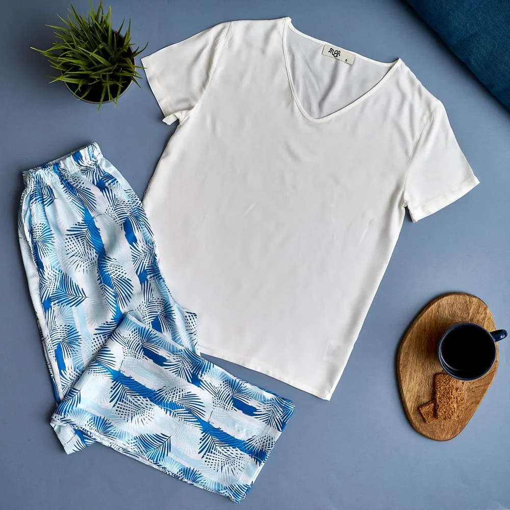 Women summer pajama set Off-white top   Blue Palm leaves Pants