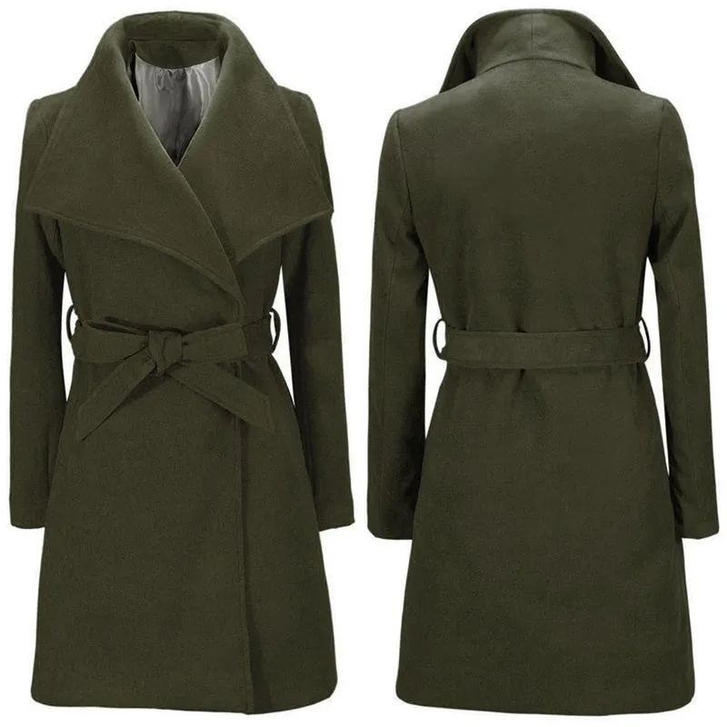 Womens Autumn Winter Solid Color Mid-length Lapel Woolen Coat