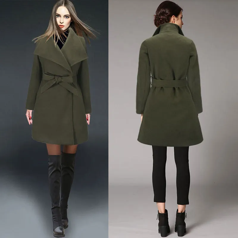 Womens Autumn Winter Solid Color Mid-length Lapel Woolen Coat