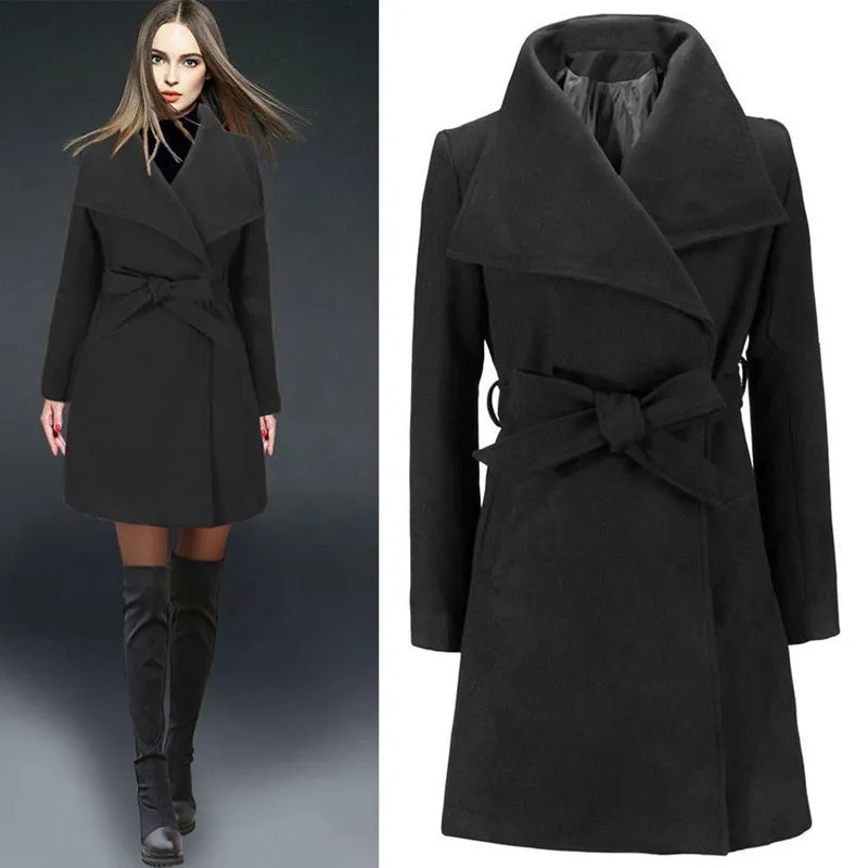 Womens Autumn Winter Solid Color Mid-length Lapel Woolen Coat