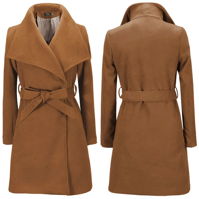 Womens Autumn Winter Solid Color Mid-length Lapel Woolen Coat