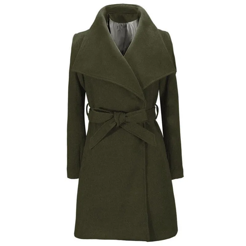 Womens Autumn Winter Solid Color Mid-length Lapel Woolen Coat