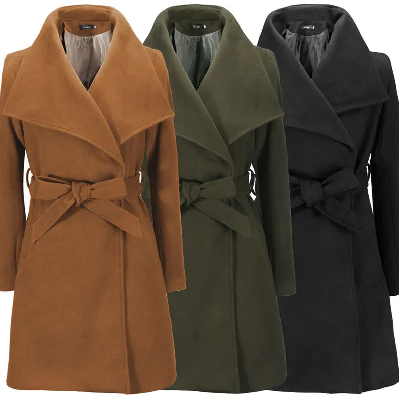 Womens Autumn Winter Solid Color Mid-length Lapel Woolen Coat