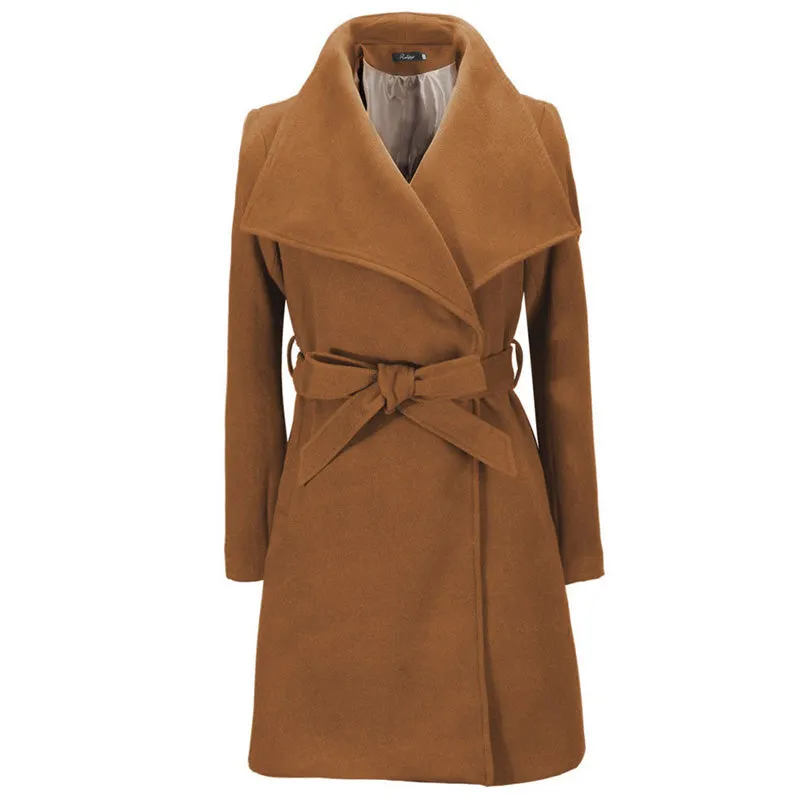 Womens Autumn Winter Solid Color Mid-length Lapel Woolen Coat