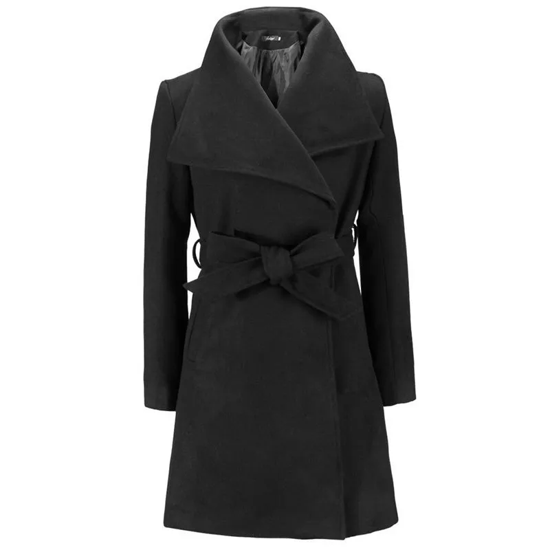 Womens Autumn Winter Solid Color Mid-length Lapel Woolen Coat