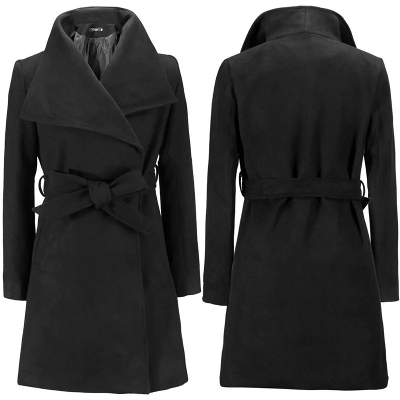 Womens Autumn Winter Solid Color Mid-length Lapel Woolen Coat