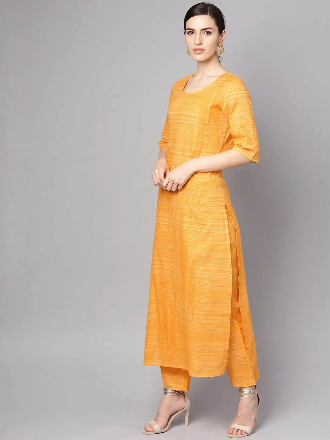 Yellow Cotton Slub Half Sleeve Kurta Set With Pants