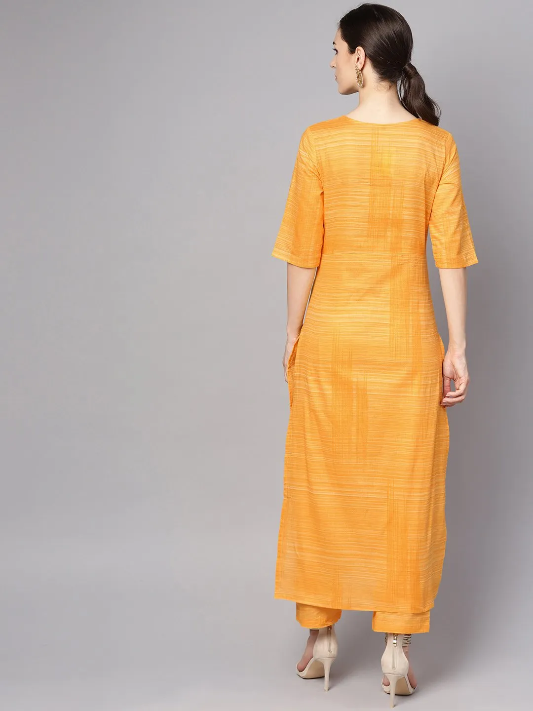 Yellow Cotton Slub Half Sleeve Kurta Set With Pants