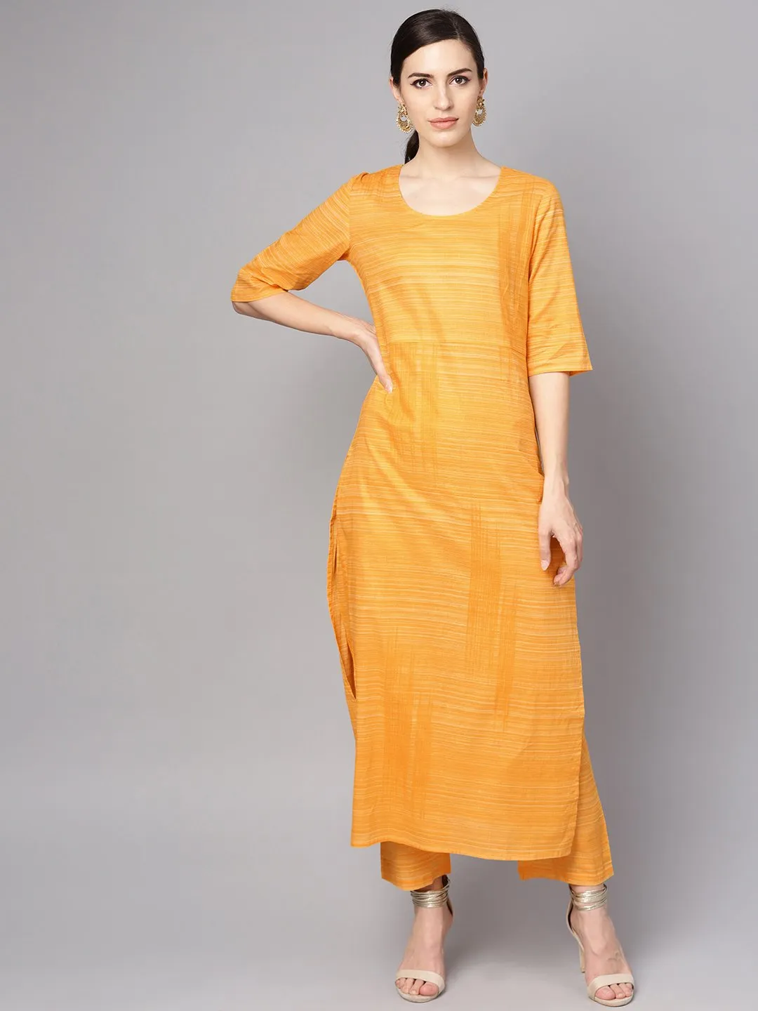 Yellow Cotton Slub Half Sleeve Kurta Set With Pants