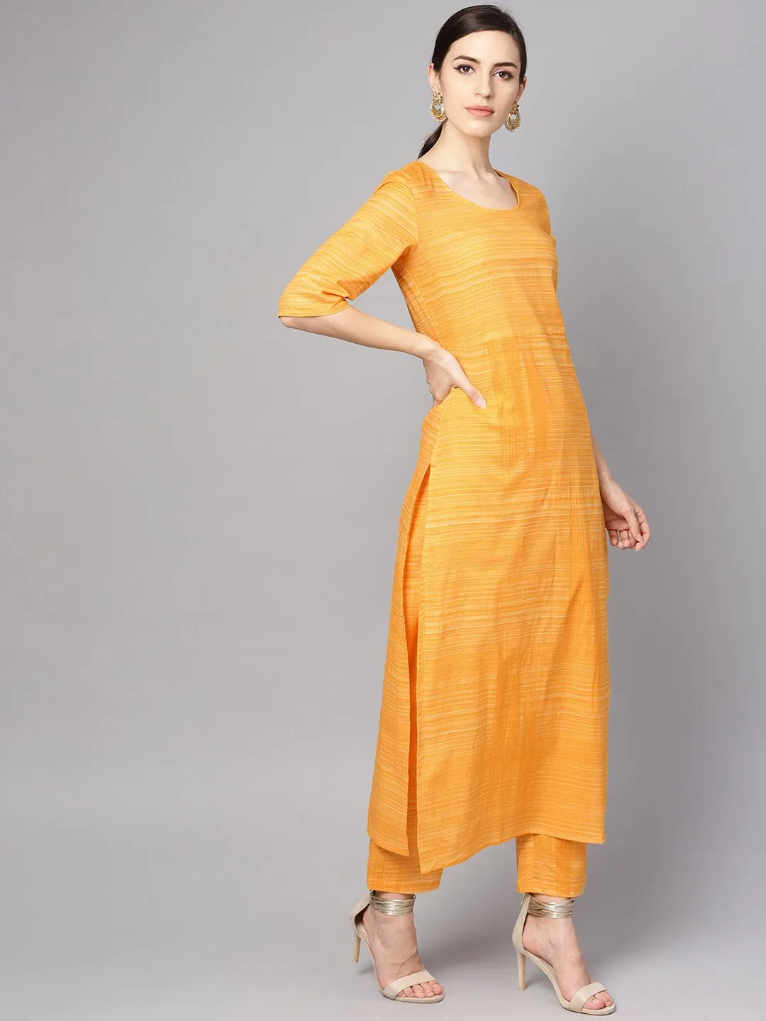 Yellow Cotton Slub Half Sleeve Kurta Set With Pants