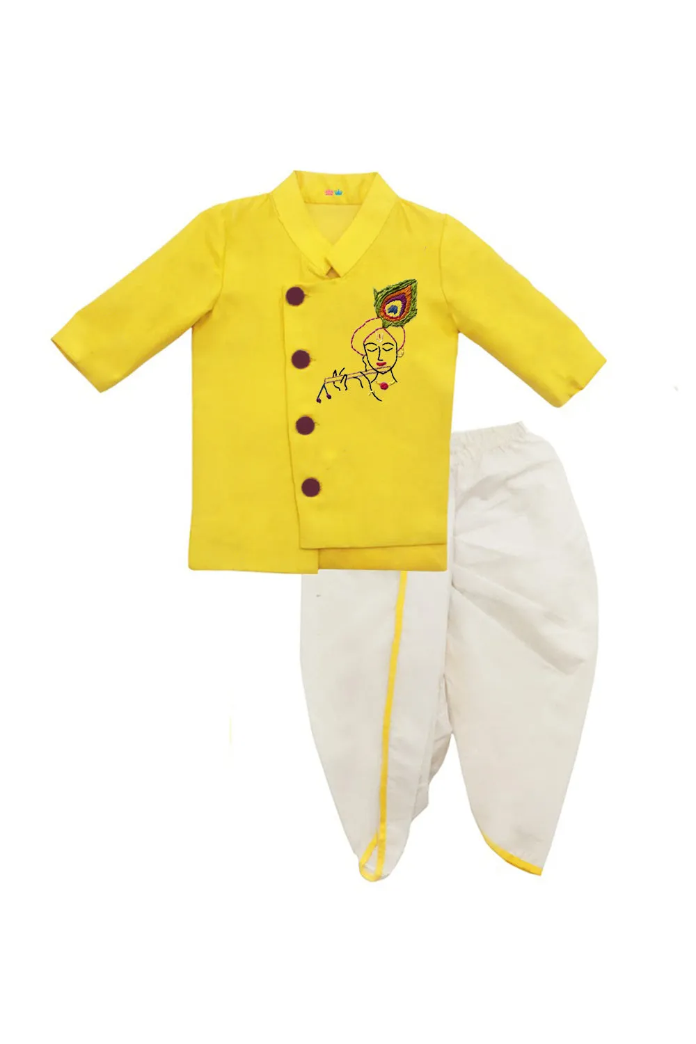 Yellow Krishna Thread Embroidered Kurta With Dhoti Set